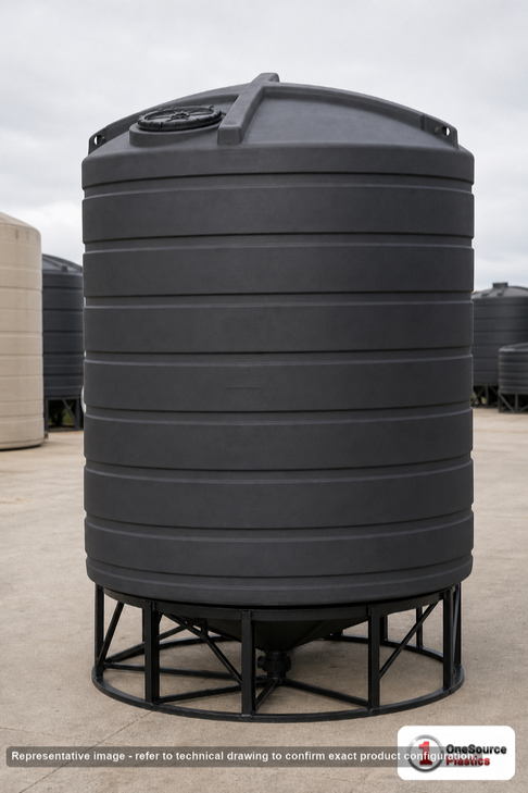 Enduraplas 5000 Gallon Black Cone Bottom Tank. Polyethylene; Black; dimensions 166.0in H x 110.0in W x 110.0in L; 1100.0 lb empty; 1.9 specific gravity rating; fittings: 1 Outlet , 1 Manway / Lid; 10 Year Warranty with Activation. Manufacturer part number THC05000B. Sold by OneSource Plastics (https://www.onesourceplastics.com).