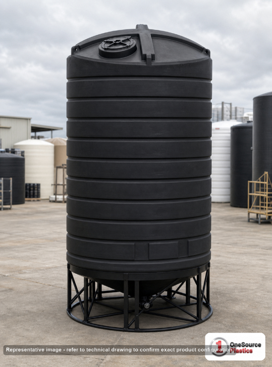 Enduraplas 6000 Gallon Black Cone Bottom Tank. Polyethylene; Black; 195" H x 110" W x 110" L; fittings: 1 Outlet, 1 Manway /
