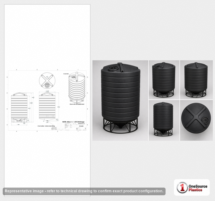 Dimensional spec drawing for Enduraplas 6000 Gallon Cone Bottom Tank (110" L x 110" W x 195" H)