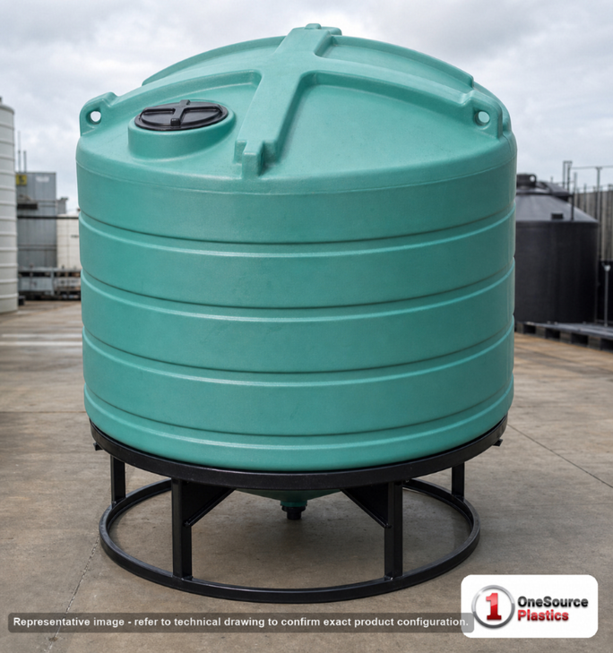 Enduraplas 1350 Gallon Green Cone Bottom Tank. Polyethylene; Green; dimensions 75.0in H x 85.0in W x 85.0in L; 300.0 lb empty; 1.9 specific gravity rating; fittings: 1 Outlet , 1 Manway / Lid; 10 Year Warranty with Activation. Manufacturer part number THC01350G. Sold by OneSource Plastics (https://www.onesourceplastics.com).