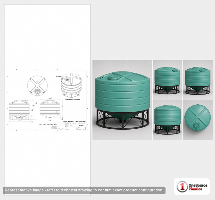 Dimensional spec drawing for Enduraplas 2520 Gallon Cone Bottom Tank (110" L x 110" W x 99" H)