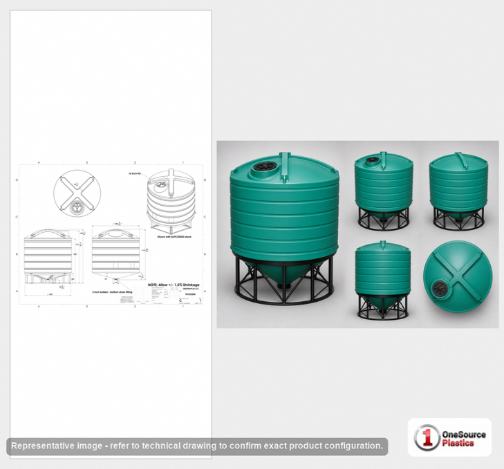 Dimensional spec drawing for Enduraplas 3200 Gallon Cone Bottom Tank (110" L x 110" W x 116" H)