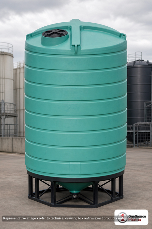 Enduraplas 5000 Gallon Green Cone Bottom Tank. Polyethylene; Green; 166" H x 110" W x 110" L; fittings: 1 Outlet, 1 Manway /