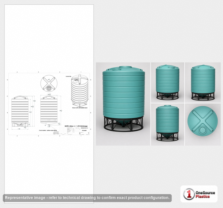 Dimensional spec drawing for Enduraplas 6000 Gallon Cone Bottom Tank (110" L x 110" W x 195" H)