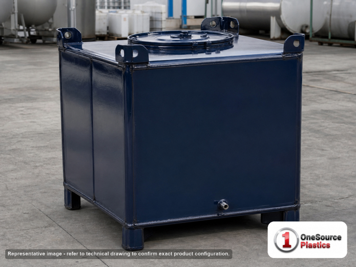 Snyder Industries 350 Gallon Carbon Steel Supertainer IBC Tote Tank. Carbon Steel; Dark Blue; dimensions 47.25in H x 48.0in W x 42.0in L; 469.0 lb empty; fittings: 1 Inlet , 1 Outlet , 1 Manway / Lid. Manufacturer part number 6984300B32224. Sold by OneSource Plastics (https://www.onesourceplastics.com).