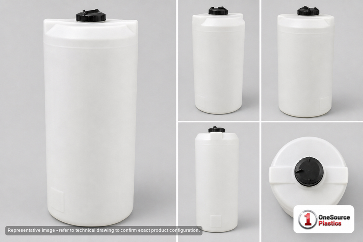 Dimensional spec drawing for Norwesco 40 Gallon Vertical Storage Tank (18" L x 18" W x 43" H)