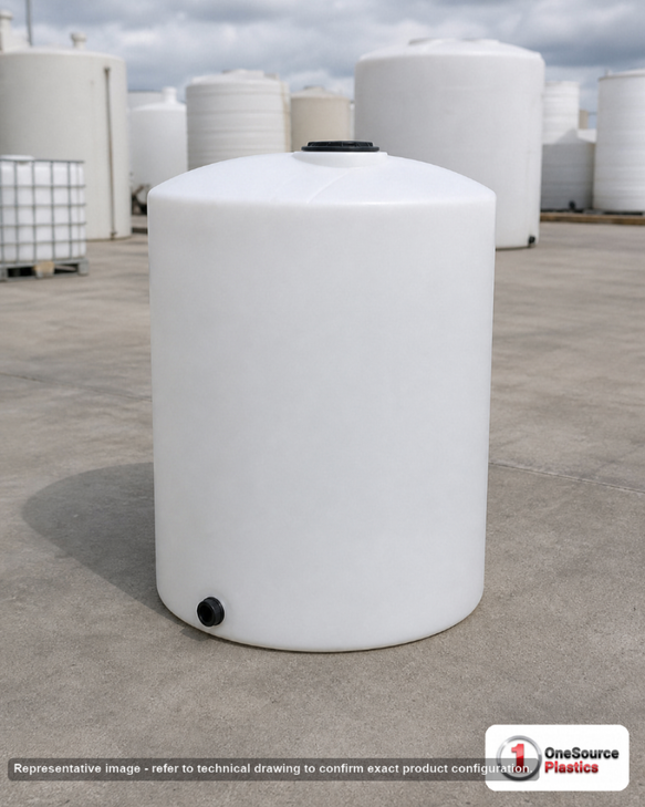 Chem-Tainer 65 Gallon Vertical Storage Tank. Polyethylene; Natural White; 42" H x 23" W x 23" L; fittings: 1 Outlet, 1