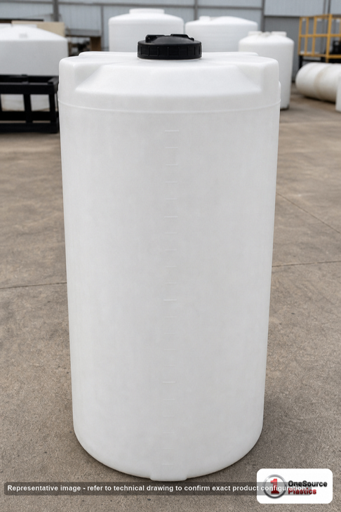 Norwesco 160 Gallon HD Vertical Storage Tank. Polyethylene; Natural White; dimensions 69.0in H x 28.0in W x 28.0in L; 60.0 lb empty; 1.9 specific gravity rating; fittings: 1 Manway / Lid; max temp 120 deg  F / 48 deg  C; 3 Year Warranty. Manufacturer part number 42443. Sold by OneSource Plastics (https://www.onesourceplastics.com).