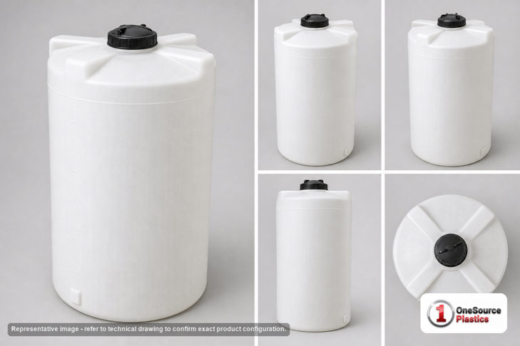 Dimensional spec drawing for Norwesco 160 Gallon Vertical Storage Tank (28" L x 28" W x 69" H)