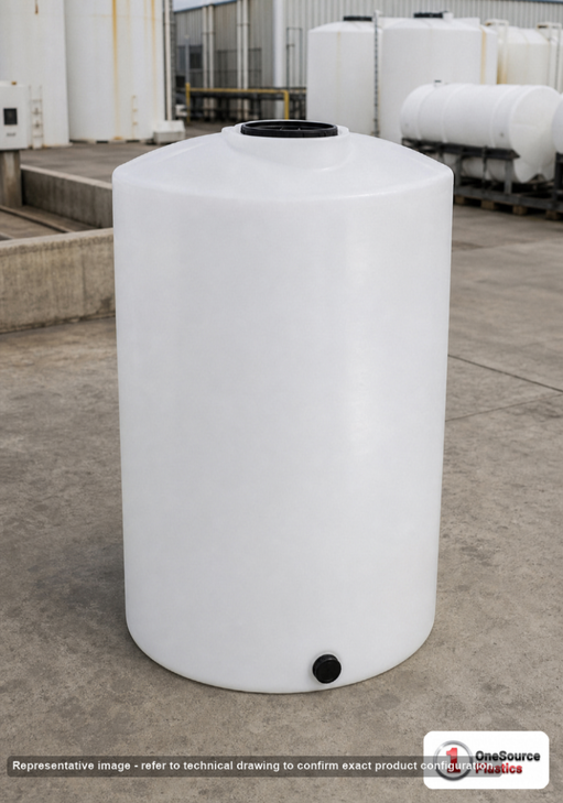 Chem-Tainer 160 Gallon Vertical Storage Tank. Polyethylene; Natural White; dimensions 66.0in H x 28.0in W x 28.0in L; 58.0 lb empty; 1.5 specific gravity rating; fittings: 1 Outlet , 1 Manway / Lid; max temp 120 deg  F / 48 deg  C; 3 Year Warranty. Manufacturer part number TC2866IC-NAT. Sold by OneSource Plastics (https://www.onesourceplastics.com).