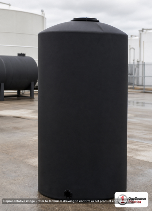 Chem-Tainer 250 Gallon Vertical Storage Tank. Polyethylene; Black; 84" H x 31" W x 31" L; fittings: 1 Outlet, 1 Manway /
