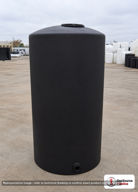 Chem-Tainer 200 Gallon Vertical Storage Tank. Polyethylene; Black; dimensions 72.0in H x 31.0in W x 31.0in L; 70.0 lb empty; 1.5 specific gravity rating; fittings: 1 Outlet , 1 Manway / Lid; max temp 120 deg  F / 48 deg  C; 3 Year Warranty. Manufacturer part number TC3172IC-BLACK. Sold by OneSource Plastics (https://www.onesourceplastics.com).