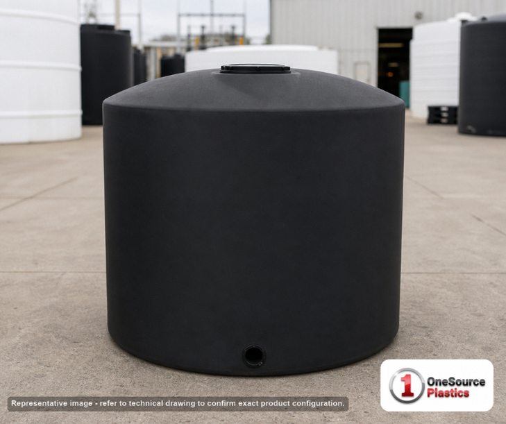 Chem-Tainer 165 Gallon Vertical Storage Tank. Polyethylene; Black; dimensions 58.0in H x 31.0in W x 31.0in L; 60.0 lb empty; 1.5 specific gravity rating; fittings: 1 Outlet , 1 Manway / Lid; max temp 120 deg  F / 48 deg  C; 3 Year Warranty. Manufacturer part number TC3158IC-BLACK. Sold by OneSource Plastics (https://www.onesourceplastics.com).