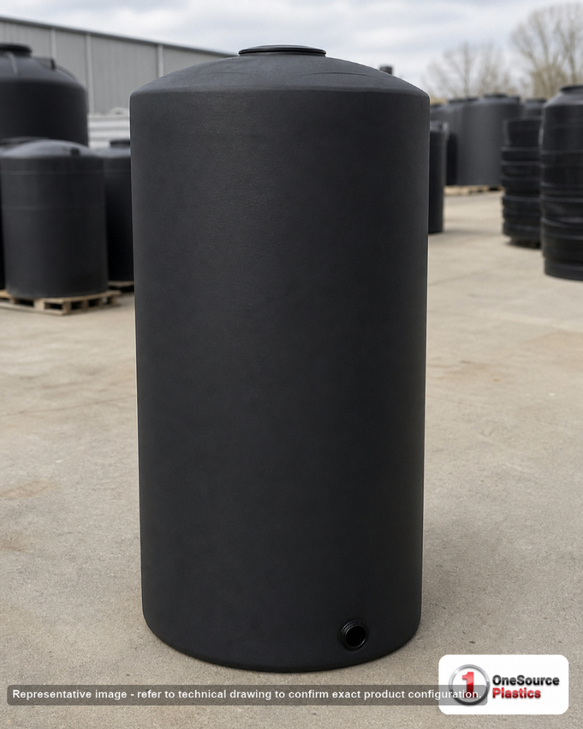 Chem-Tainer 160 Gallon Vertical Storage Tank. Polyethylene; Black; 66" H x 28" W x 28" L; fittings: 1 Outlet, 1 Manway /