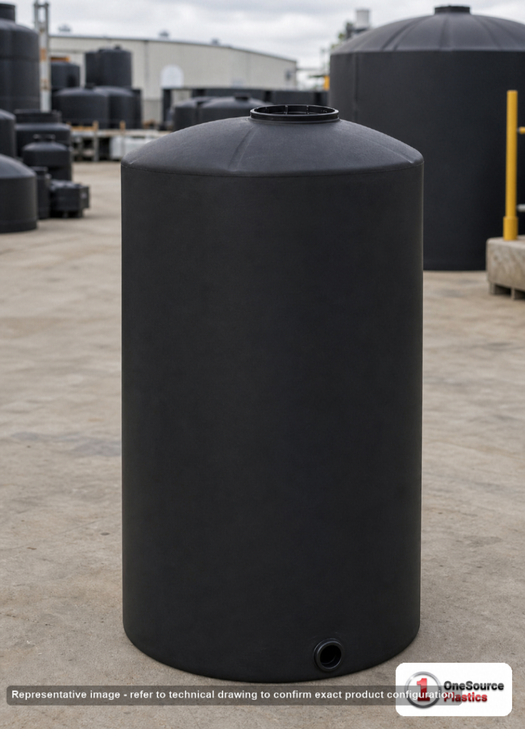 Chem-Tainer 130 Gallon Vertical Storage Tank. Polyethylene; Black; dimensions 84.0in H x 23.0in W x 23.0in L; 50.0 lb empty; 1.5 specific gravity rating; fittings: 1 Outlet , 1 Manway / Lid; max temp 120 deg  F / 48 deg  C; 3 Year Warranty. Manufacturer part number TC2376IC-BLACK. Sold by OneSource Plastics (https://www.onesourceplastics.com).