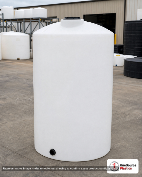 Chem-Tainer 250 Gallon Vertical Storage Tank. Polyethylene; Natural White; 68" H x 35" W x 35" L; fittings: 1 Outlet, 1