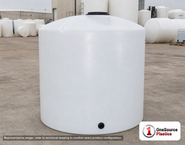 Chem-Tainer 1000 Gallon Vertical Storage Tank. Polyethylene; Natural White; dimensions 88.0in H x 64.0in W x 64.0in L; 220.0 lb empty; 1.5 specific gravity rating; fittings: 1 Outlet , 1 Manway / Lid; max temp 120 deg  F / 48 deg  C; 3 Year Warranty. Manufacturer part number TC6481IC-NAT. Sold by OneSource Plastics (https://www.onesourceplastics.com).