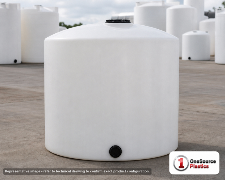 Chem-Tainer 650 Gallon Vertical Storage Tank. Polyethylene; Natural White; dimensions 70.0in H x 56.0in W x 56.0in L; 110.0 lb empty; 1.5 specific gravity rating; fittings: 1 Outlet , 1 Manway / Lid; max temp 120 deg  F / 48 deg  C; 3 Year Warranty. Manufacturer part number TC5670IC-NAT. Sold by OneSource Plastics (https://www.onesourceplastics.com).