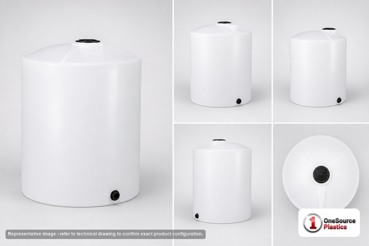 Dimensional spec drawing for Chem-Tainer 650 Gallon Vertical Storage Tank (56" L x 56" W x 70" H)