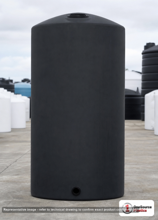 Chem-Tainer 850 Gallon Vertical Storage Tank. Polyethylene; Black; dimensions 124.0in H x 48.0in W x 48.0in L; 200.0 lb empty; 1.5 specific gravity rating; fittings: 1 Outlet , 1 Manway / Lid; max temp 120 deg  F / 48 deg  C; 3 Year Warranty. Manufacturer part number TC850XIC-BLACK. Sold by OneSource Plastics (https://www.onesourceplastics.com).