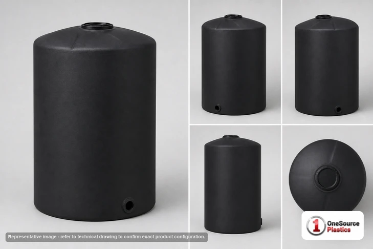 Dimensional spec drawing for Chem-Tainer 850 Gallon Vertical Storage Tank (48" L x 48" W x 124" H)