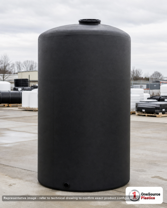 Chem-Tainer 1150 Gallon Vertical Storage Tank. Polyethylene; Black; dimensions 156.0in H x 48.0in W x 48.0in L; 225.0 lb empty; 1.5 specific gravity rating; fittings: 1 Outlet , 1 Manway / Lid; max temp 120 deg  F / 48 deg  C; 3 Year Warranty. Manufacturer part number TC1150IC-BLACK. Sold by OneSource Plastics (https://www.onesourceplastics.com).