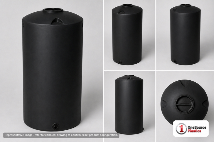 Dimensional spec drawing for Chem-Tainer 1150 Gallon Vertical Storage Tank (48" L x 48" W x 156" H)