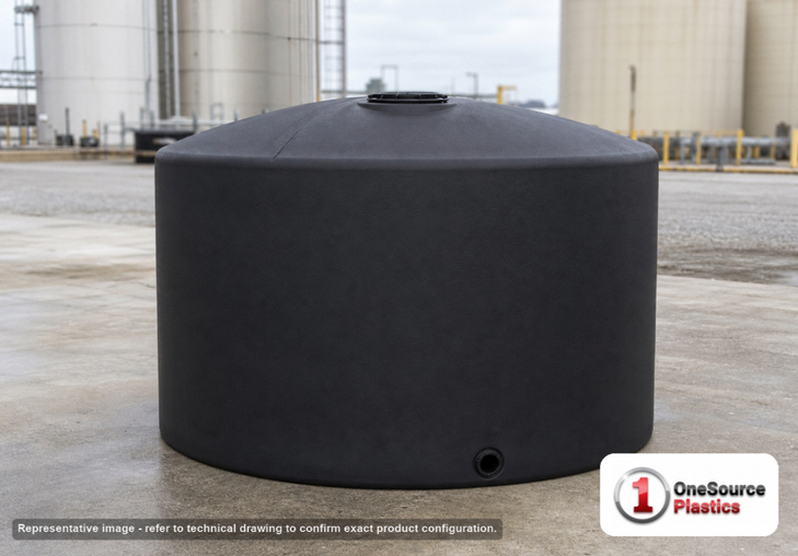 Chem-Tainer 1150 Gallon Vertical Storage Tank. Polyethylene; Black; dimensions 57.0in H x 86.0in W x 86.0in L; 175.0 lb empty; 1.5 specific gravity rating; fittings: 1 Outlet , 1 Manway / Lid; max temp 120 deg  F / 48 deg  C; 3 Year Warranty. Manufacturer part number TC8657IC-BLACK. Sold by OneSource Plastics (https://www.onesourceplastics.com).