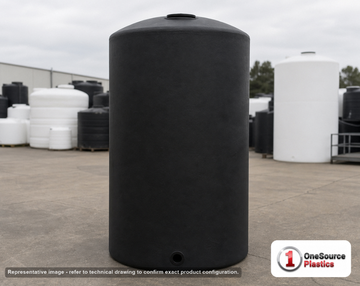 Chem-Tainer 750 Gallon Vertical Storage Tank. Polyethylene; Black; dimensions 119.0in H x 46.0in W x 46.0in L; 260.0 lb empty; 1.5 specific gravity rating; fittings: 1 Outlet , 1 Manway / Lid; max temp 120 deg  F / 48 deg  C; 3 Year Warranty. Manufacturer part number TC750XIC-BLACK. Sold by OneSource Plastics (https://www.onesourceplastics.com).