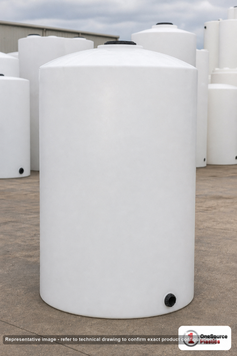 Chem-Tainer 850 Gallon Vertical Storage Tank. Polyethylene; Natural White; dimensions 124.0in H x 48.0in W x 48.0in L; 200.0 lb empty; 1.5 specific gravity rating; fittings: 1 Outlet , 1 Manway / Lid; max temp 120 deg  F / 48 deg  C; 3 Year Warranty. Manufacturer part number TC850XIC-NAT. Sold by OneSource Plastics (https://www.onesourceplastics.com).