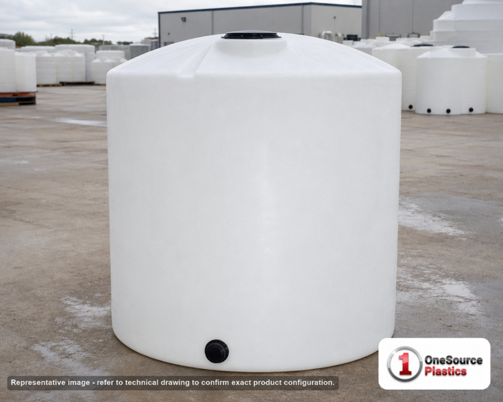 Chem-Tainer 1000 Gallon HD Vertical Storage Tank. Polyethylene; Natural White; dimensions 88.0in H x 64.0in W x 64.0in L; 220.0 lb empty; 1.9 specific gravity rating; fittings: 1 Outlet , 1 Manway / Lid; max temp 120 deg  F / 48 deg  C; 3 Year Warranty. Manufacturer part number TC6481IA. Sold by OneSource Plastics (https://www.onesourceplastics.com).