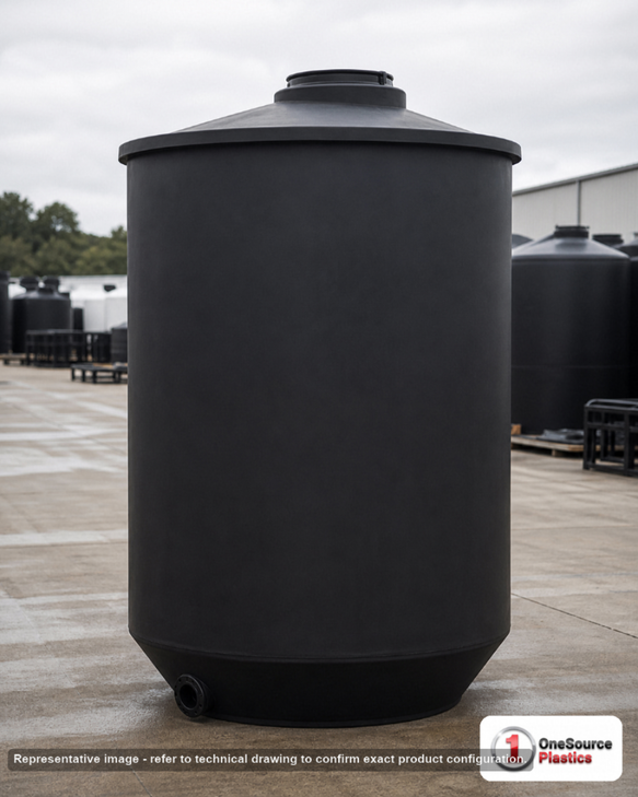 Chem-Tainer 2000 Gallon Vertical Storage Tank. Polyethylene; Black; dimensions 160.0in H x 64.0in W x 64.0in L; 445.0 lb empty; 1.5 specific gravity rating; fittings: 1 Outlet , 1 Manway / Lid; max temp 120 deg  F / 48 deg  C; 3 Year Warranty. Manufacturer part number TC2000IC-BLACK. Sold by OneSource Plastics (https://www.onesourceplastics.com).