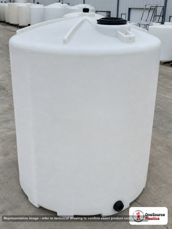 Chem-Tainer 5000 Gallon Vertical Storage Tank. Polyethylene; Natural White; dimensions 152.0in H x 102.0in W x 102.0in L; 1050.0 lb empty; 1.5 specific gravity rating; fittings: 1 Outlet , 1 Manway / Lid; max temp 120 deg  F / 48 deg  C; 3 Year Warranty. Manufacturer part number TC5000IC-NAT. Sold by OneSource Plastics (https://www.onesourceplastics.com).