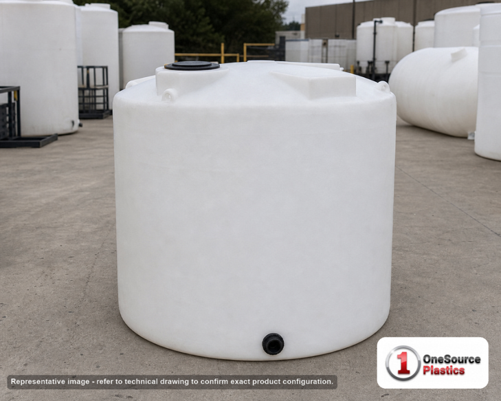Chem-Tainer 1500 Gallon Vertical Storage Tank. Polyethylene; Natural White; dimensions 127.0in H x 64.0in W x 64.0in L; 325.0 lb empty; 1.5 specific gravity rating; fittings: 1 Outlet , 1 Manway / Lid; max temp 120 deg  F / 48 deg  C; 3 Year Warranty. Manufacturer part number TC1500IC-NAT. Sold by OneSource Plastics (https://www.onesourceplastics.com).