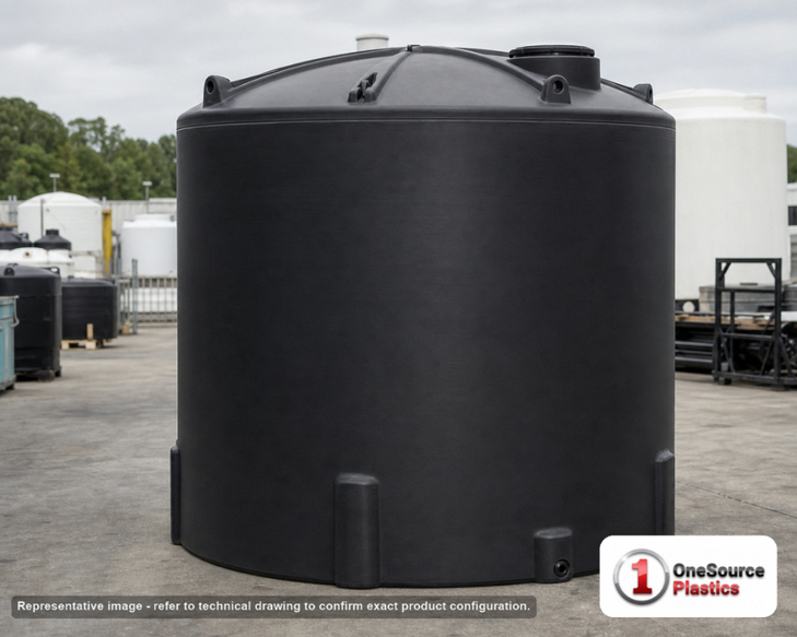 Chem-Tainer 5000 Gallon Vertical Storage Tank. Polyethylene; Black; 152" H x 102" W x 102" L; fittings: 1 Outlet, 1 Manway /