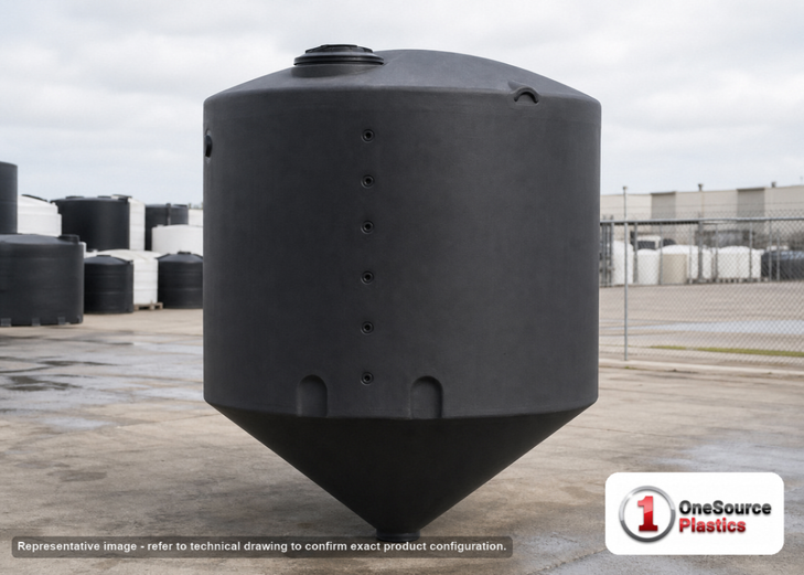 Chem-Tainer 3000 Gallon Vertical Storage Tank. Polyethylene; Black; dimensions 107.0in H x 95.0in W x 95.0in L; 400.0 lb empty; 1.5 specific gravity rating; fittings: 1 Outlet , 1 Manway / Lid; max temp 120 deg  F / 48 deg  C; 3 Year Warranty. Manufacturer part number TC3000IC-BLACK. Sold by OneSource Plastics (https://www.onesourceplastics.com).