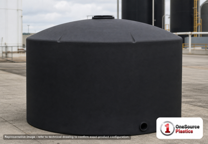 Chem-Tainer 2100 Gallon Vertical Storage Tank. Polyethylene; Black; dimensions 87.0in H x 87.0in W x 87.0in L; 325.0 lb empty; 1.5 specific gravity rating; fittings: 1 Outlet , 1 Manway / Lid; max temp 120 deg  F / 48 deg  C; 3 Year Warranty. Manufacturer part number TC8787IC-BLACK. Sold by OneSource Plastics (https://www.onesourceplastics.com).
