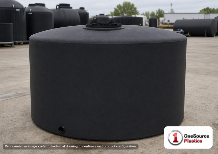 Chem-Tainer 1700 Gallon Vertical Storage Tank. Polyethylene; Black; dimensions 74.0in H x 86.0in W x 86.0in L; 320.0 lb empty; 1.5 specific gravity rating; fittings: 1 Outlet , 1 Manway / Lid; max temp 120 deg  F / 48 deg  C; 3 Year Warranty. Manufacturer part number TC8674IC-BLACK. Sold by OneSource Plastics (https://www.onesourceplastics.com).
