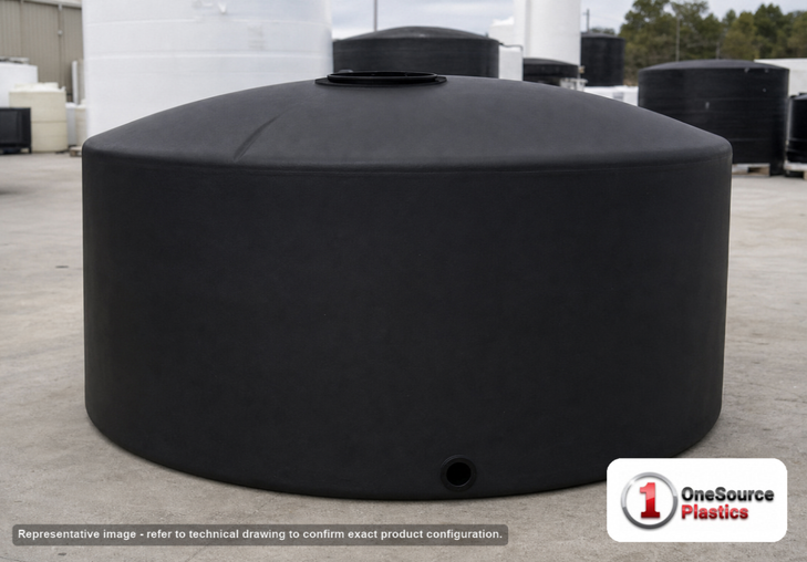 Chem-Tainer 1550 Gallon Vertical Storage Tank. Polyethylene; Black; dimensions 65.0in H x 87.0in W x 87.0in L; 250.0 lb empty; 1.5 specific gravity rating; fittings: 1 Outlet , 1 Manway / Lid; max temp 120 deg  F / 48 deg  C; 3 Year Warranty. Manufacturer part number TC8765IC-BLACK. Sold by OneSource Plastics (https://www.onesourceplastics.com).