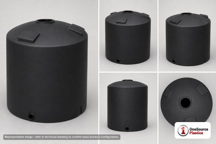 Dimensional spec drawing for Chem-Tainer 1500 Gallon Vertical Storage Tank (64" L x 64" W x 127" H)