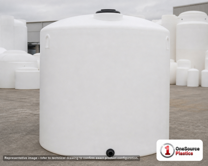 Chem-Tainer 3000 Gallon Vertical Storage Tank. Polyethylene; Natural White; dimensions 106.0in H x 95.0in W x 95.0in L; 400.0 lb empty; 1.5 specific gravity rating; fittings: 1 Outlet , 1 Manway / Lid; max temp 120 deg  F / 48 deg  C; 3 Year Warranty. Manufacturer part number TC3000IC-NAT. Sold by OneSource Plastics (https://www.onesourceplastics.com).