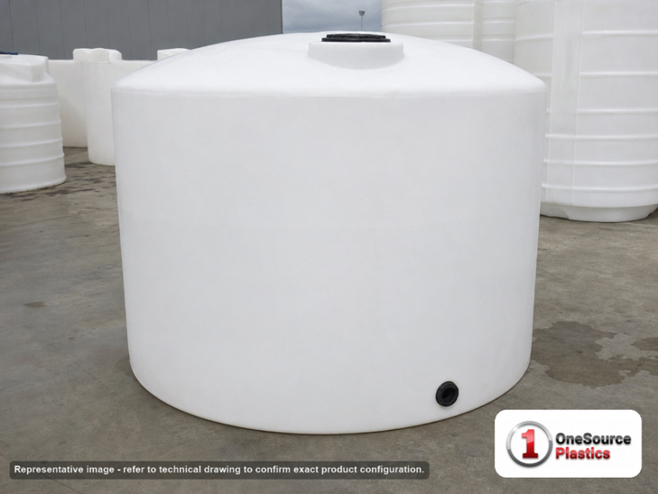 Chem-Tainer 1700 Gallon Vertical Storage Tank. Polyethylene; Natural White; dimensions 74.0in H x 86.0in W x 86.0in L; 320.0 lb empty; 1.5 specific gravity rating; fittings: 1 Outlet , 1 Manway / Lid; max temp 120 deg  F / 48 deg  C; 3 Year Warranty. Manufacturer part number TC8674IC-NAT. Sold by OneSource Plastics (https://www.onesourceplastics.com).