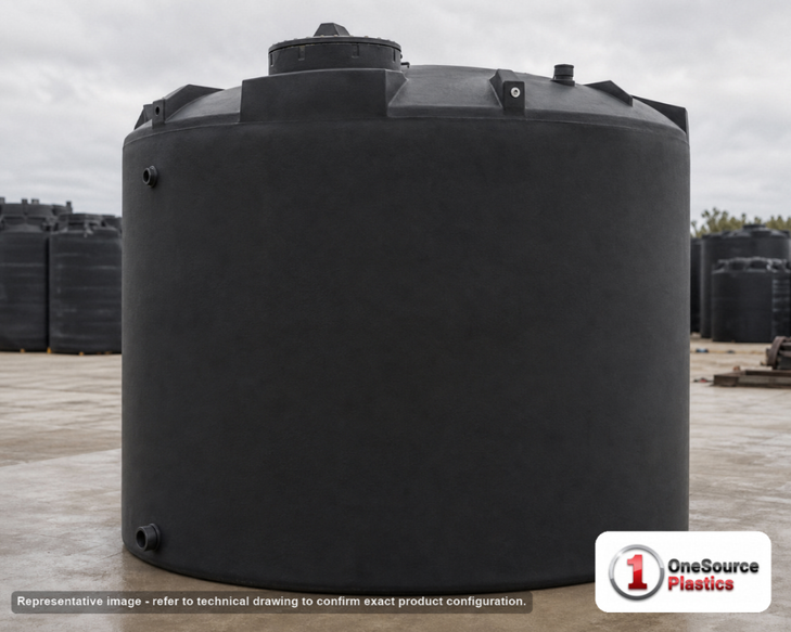 Snyder Industries 10500 Gallon ASTM 1.35 SG Black Vertical Storage Tank. Crosslinked Linear Polyethylene; Black; dimensions 169.0in H x 142.0in W x 142.0in L; 2500.0 lb empty; 1.35 specific gravity rating; fittings: 1 Manway / Lid; max temp 140 deg  F / 60 deg  C; 3 Year Warranty. Manufacturer part number 5330000N32. Sold by OneSource Plastics (https://www.onesourceplastics.com).