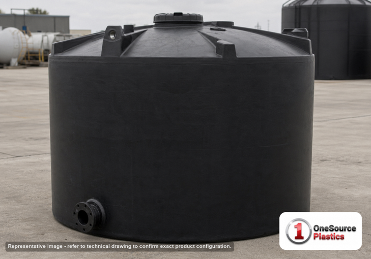 Snyder Industries 5500 Gallon ASTM XLPE Black Heavy Duty Vertical Storage Tank. Crosslinked Linear Polyethylene; Black; dimensions 132.0in H x 120.0in W x 120.0in L; 1450.0 lb empty; 1.9 specific gravity rating; fittings: 1 Manway / Lid; max temp 140 deg  F / 60 deg  C; 3 Year Warranty. Manufacturer part number 7000000N48. Sold by OneSource Plastics (https://www.onesourceplastics.com).