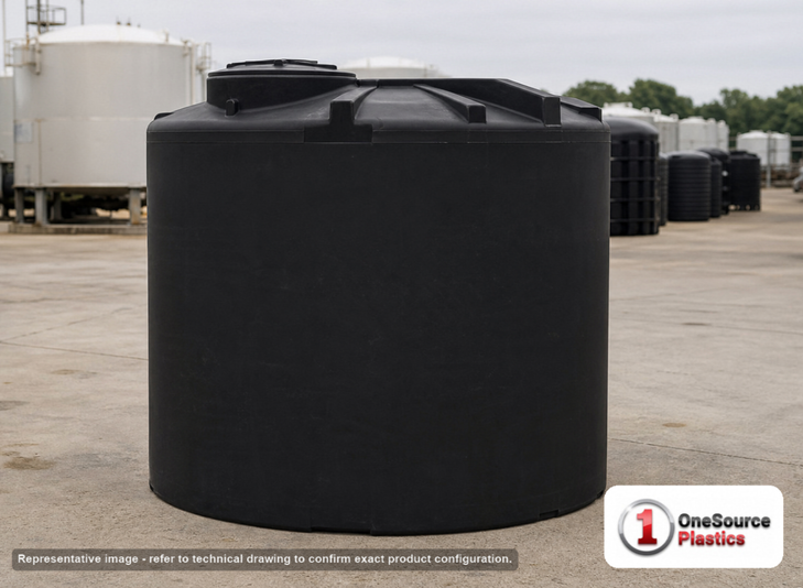 Snyder Industries 5500 Gallon ASTM XLPE Black Vertical Storage Tank. Crosslinked Linear Polyethylene; Black; dimensions 132.0in H x 120.0in W x 120.0in L; 1155.0 lb empty; 1.5 specific gravity rating; fittings: 1 Manway / Lid; max temp 140 deg  F / 60 deg  C; 3 Year Warranty. Manufacturer part number 7000000N46. Sold by OneSource Plastics (https://www.onesourceplastics.com).