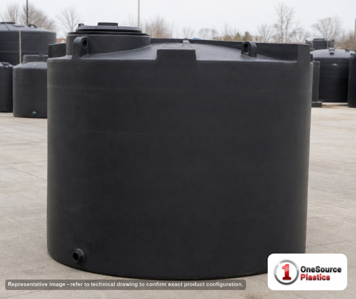 Snyder Industries 3000 Gallon ASTM XLPE Black Heavy Duty Vertical Storage Tank. Crosslinked Linear Polyethylene; Black; dimensions 96.0in H x 102.0in W x 102.0in L; 660.0 lb empty; 1.9 specific gravity rating; fittings: 1 Manway / Lid; max temp 140 deg  F / 60 deg  C; 3 Year Warranty. Manufacturer part number 7410000N48. Sold by OneSource Plastics (https://www.onesourceplastics.com).