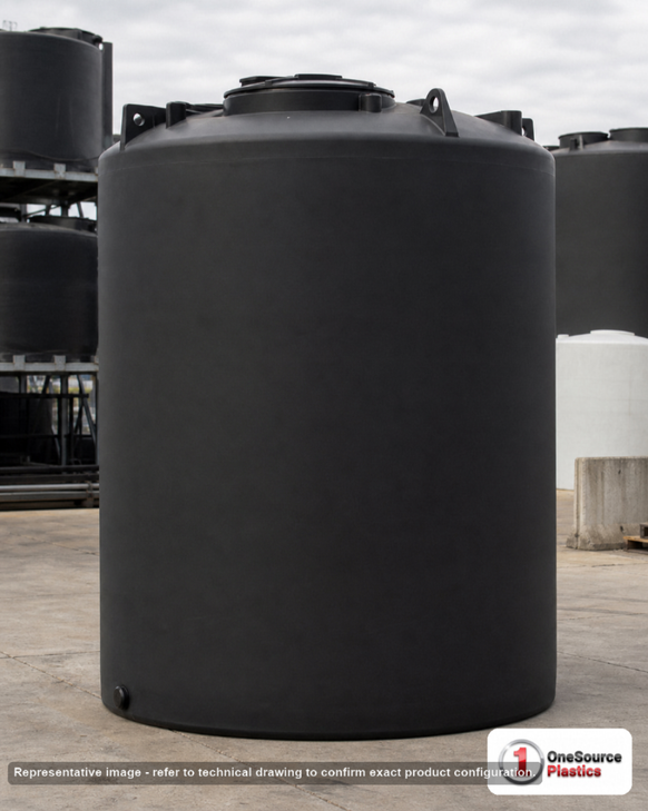 Snyder Industries 3000 Gallon ASTM XLPE Black Vertical Storage Tank. Crosslinked Linear Polyethylene; Black; dimensions 127.0in H x 90.0in W x 90.0in L; 575.0 lb empty; 1.5 specific gravity rating; fittings: 1 Manway / Lid; max temp 140 deg  F / 60 deg  C; 3 Year Warranty. Manufacturer part number 5130000N46. Sold by OneSource Plastics (https://www.onesourceplastics.com).