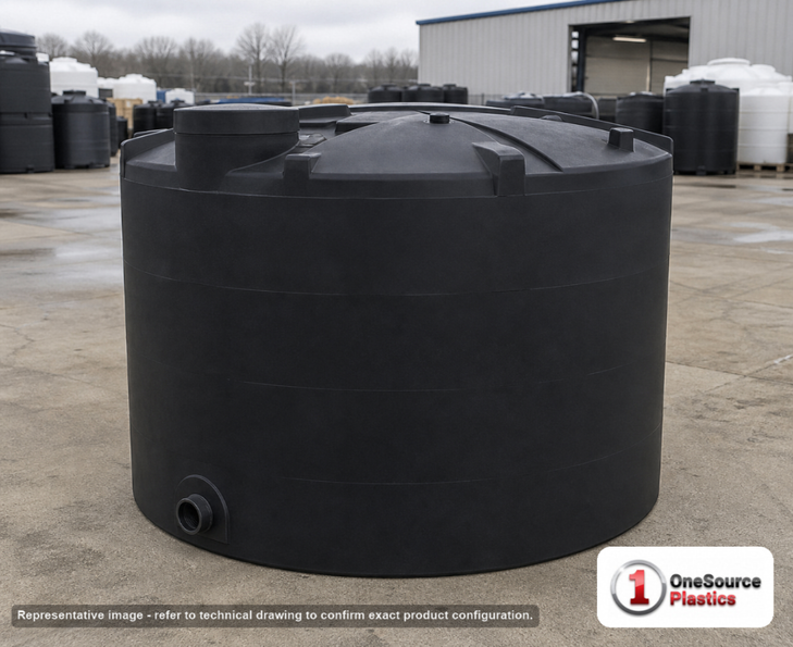 Snyder Industries 2000 Gallon ASTM XLPE Black Heavy Duty Vertical Storage Tank. Crosslinked Linear Polyethylene; Black; dimensions 88.0in H x 90.0in W x 90.0in L; 400.0 lb empty; 1.9 specific gravity rating; fittings: 1 Manway / Lid; max temp 140 deg  F / 60 deg  C; 3 Year Warranty. Manufacturer part number 5050000N48. Sold by OneSource Plastics (https://www.onesourceplastics.com).