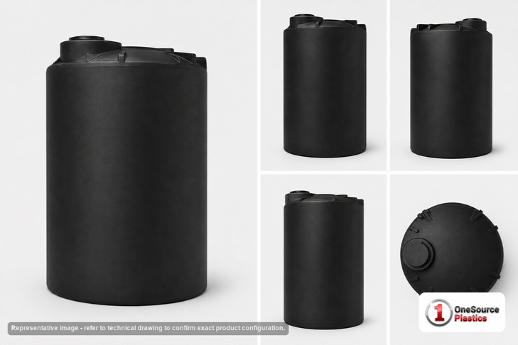 Dimensional spec drawing for Snyder 1550 Gallon Vertical Storage Tank (64" L x 64" W x 124" H)