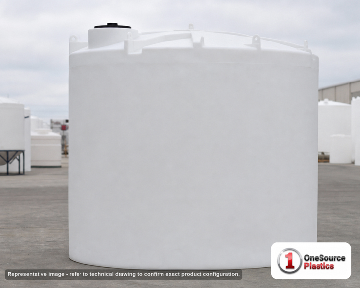 Snyder Industries 4500 Gallon ASTM XLPE Vertical Storage Tank. Crosslinked Linear Polyethylene; Natural White; dimensions 142.0in H x 102.0in W x 102.0in L; 900.0 lb empty; 1.5 specific gravity rating; fittings: 1 Manway / Lid; max temp 140 deg  F / 60 deg  C; 3 Year Warranty. Manufacturer part number 7420000N40. Sold by OneSource Plastics (https://www.onesourceplastics.com).